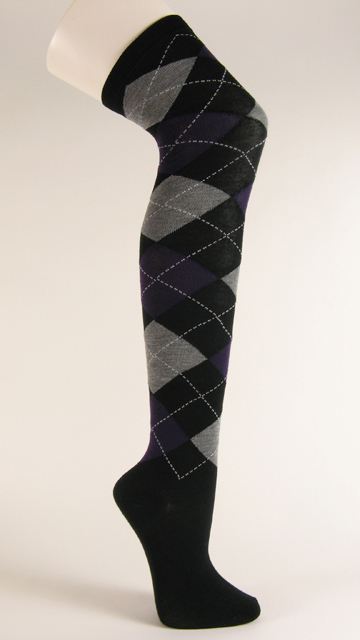 Black with purple gray socks over knee argyle
